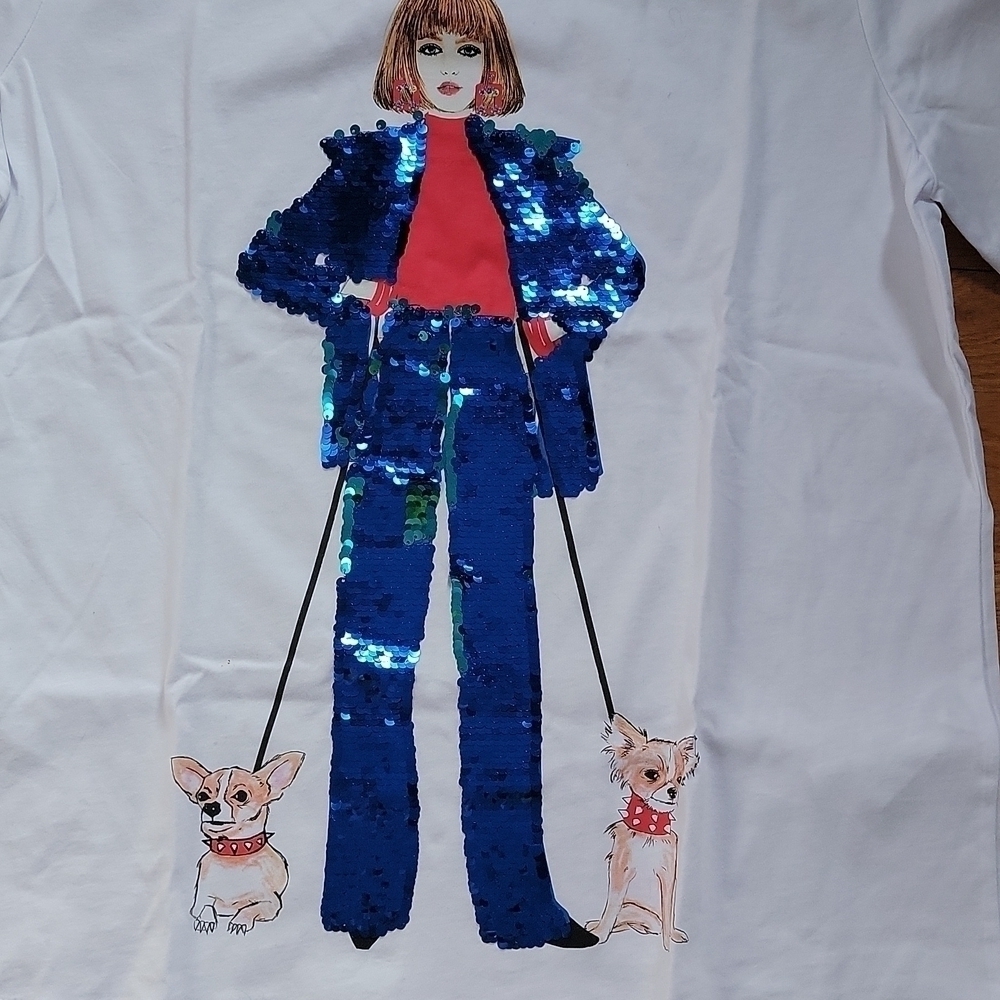 New Zara Sequin T-Shirt Woman With Dogs On Leash Medium